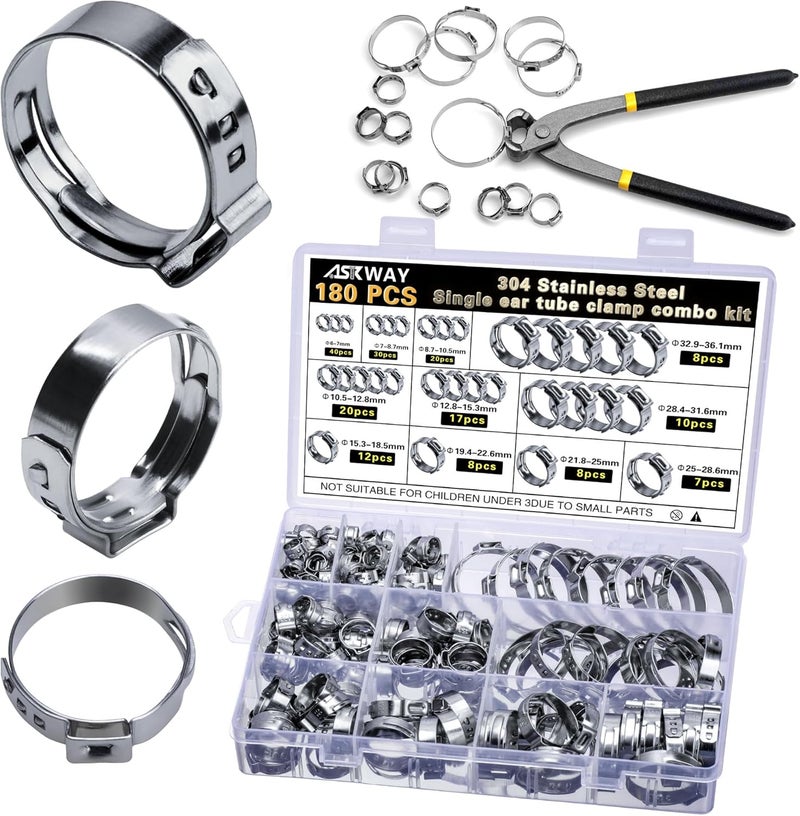 AskWay Single Ear Hose Clamp 6-36Mm 180 Pcs 11 Sizes, 304 Stainless Steel Stepless Hose Clamp, Suitable For Pex Pipe Connection, Automotive, Pipeline, Garden And Industrial Use - Image 1